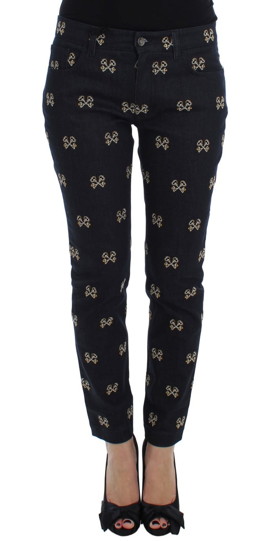 Jeans KATE slim bleu brodé avec broderies de clés de Dolce & Gabbana