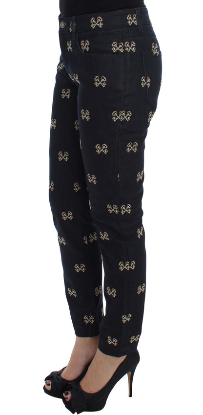 Jeans KATE slim bleu brodé avec broderies de clés de Dolce & Gabbana