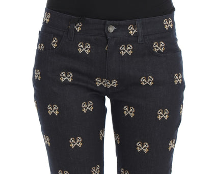 Jeans KATE slim bleu brodé avec broderies de clés de Dolce & Gabbana