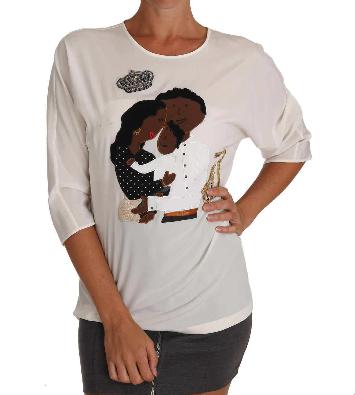 T-shirt Dolce &amp; Gabbana en soie blanche #dgfamily orné de cristaux
