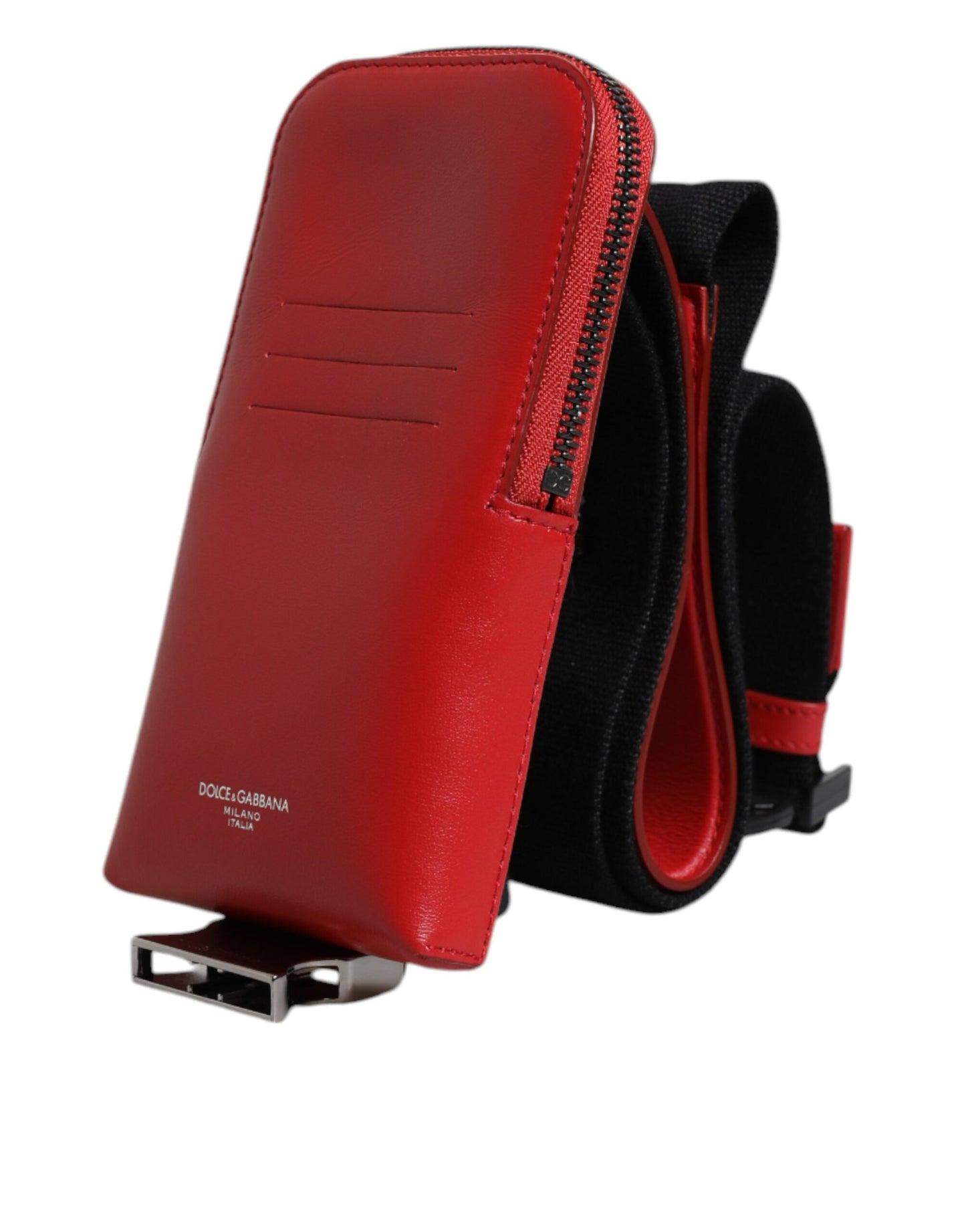Dolce & Gabbana Rode Leren Logo Rits Rond Kaarthouder Brede Band Portemonnee