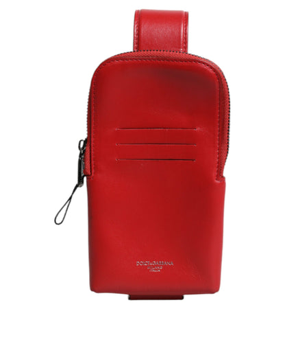 Dolce & Gabbana Rode Leren Logo Rits Rond Kaarthouder Brede Band Portemonnee