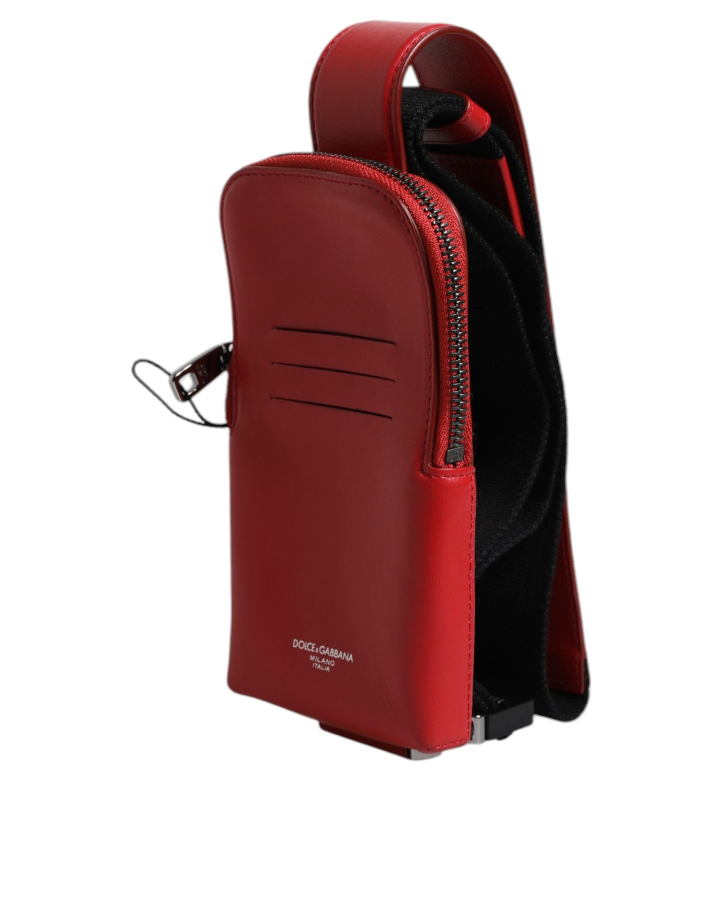 Dolce & Gabbana Rode Leren Logo Rits Rond Kaarthouder Brede Band Portemonnee