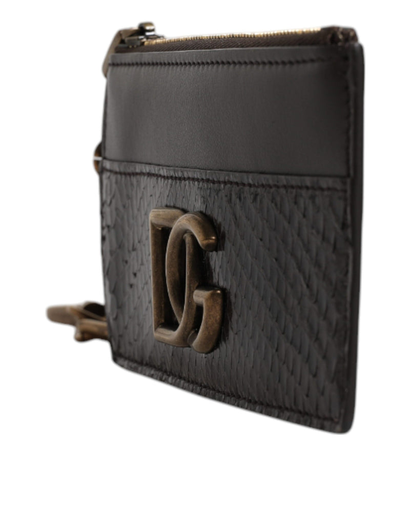 Portefeuille porte-cartes Dolce &amp; Gabbana en cuir exotique marron avec logo DG