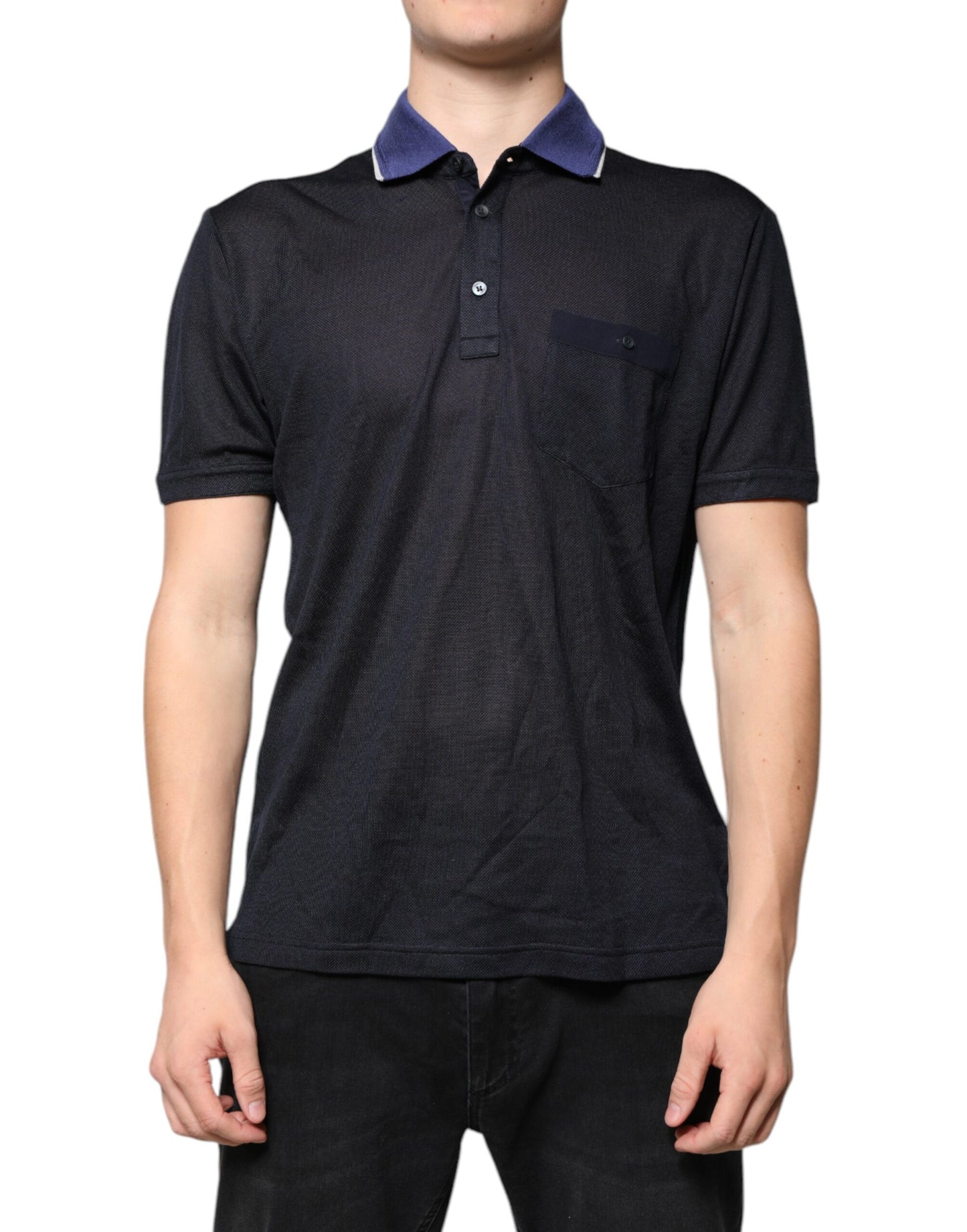 Dolce &amp; Gabbana blauw satijnen polo-shirt met korte mouwen en kraag