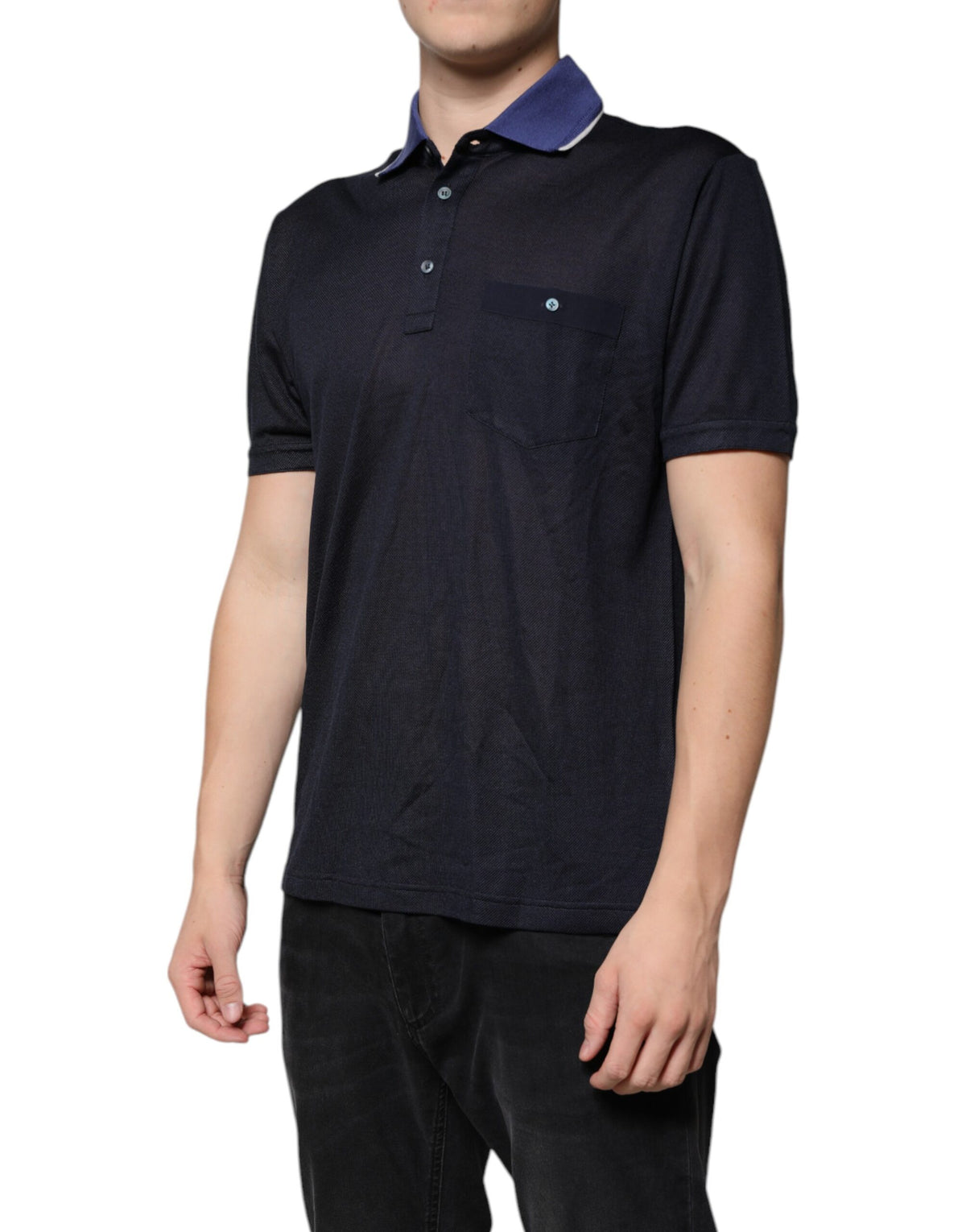 Polo en soie bleu à col et manches courtes de Dolce &amp; Gabbana
