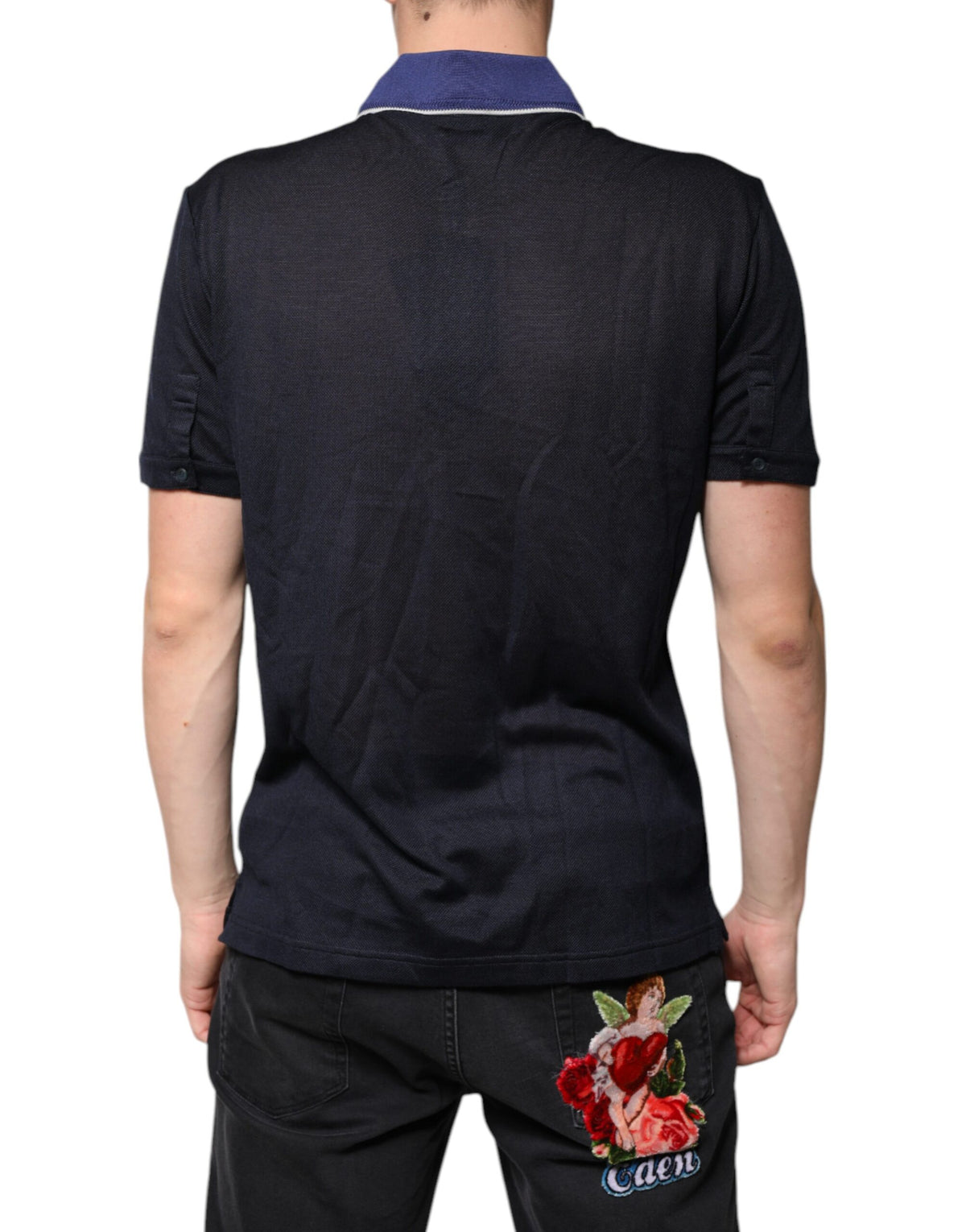 Polo en soie bleu à col et manches courtes de Dolce &amp; Gabbana