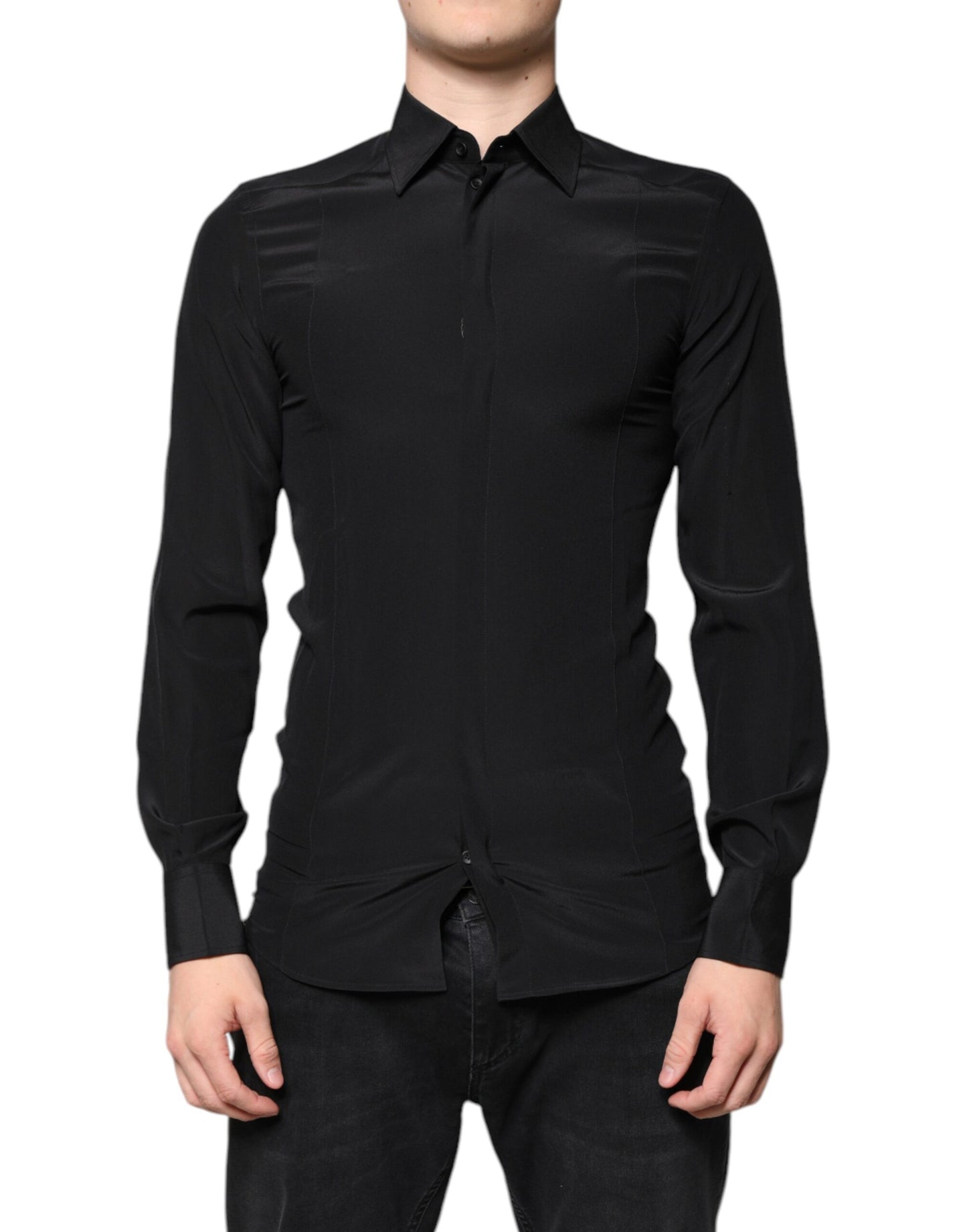 Chemise de cérémonie à manches longues en soie noire avec broderies dorées de Dolce &amp; Gabbana