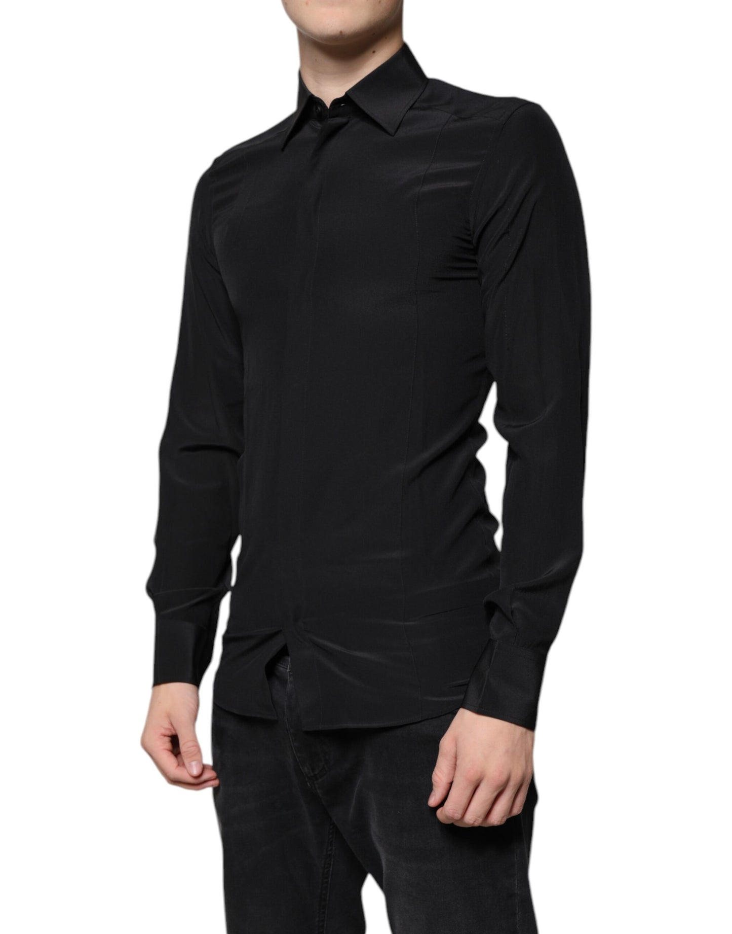 Chemise de cérémonie à manches longues en soie noire avec broderies dorées de Dolce &amp; Gabbana