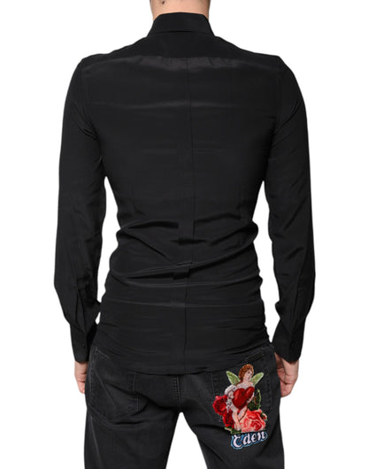 Chemise de cérémonie à manches longues en soie noire avec broderies dorées de Dolce &amp; Gabbana