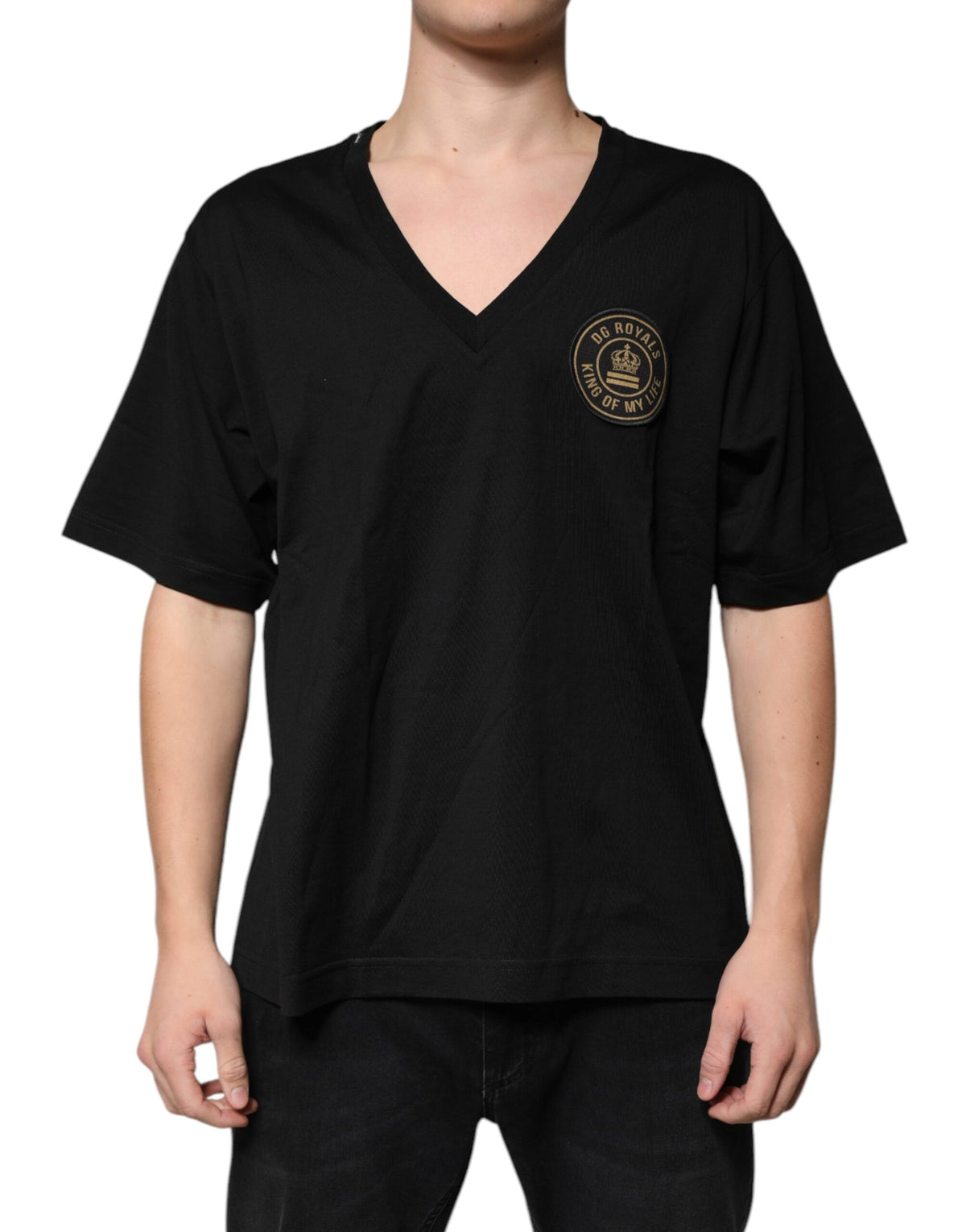 T-shirt à manches courtes en coton noir avec logo et col en V de Dolce &amp; Gabbana