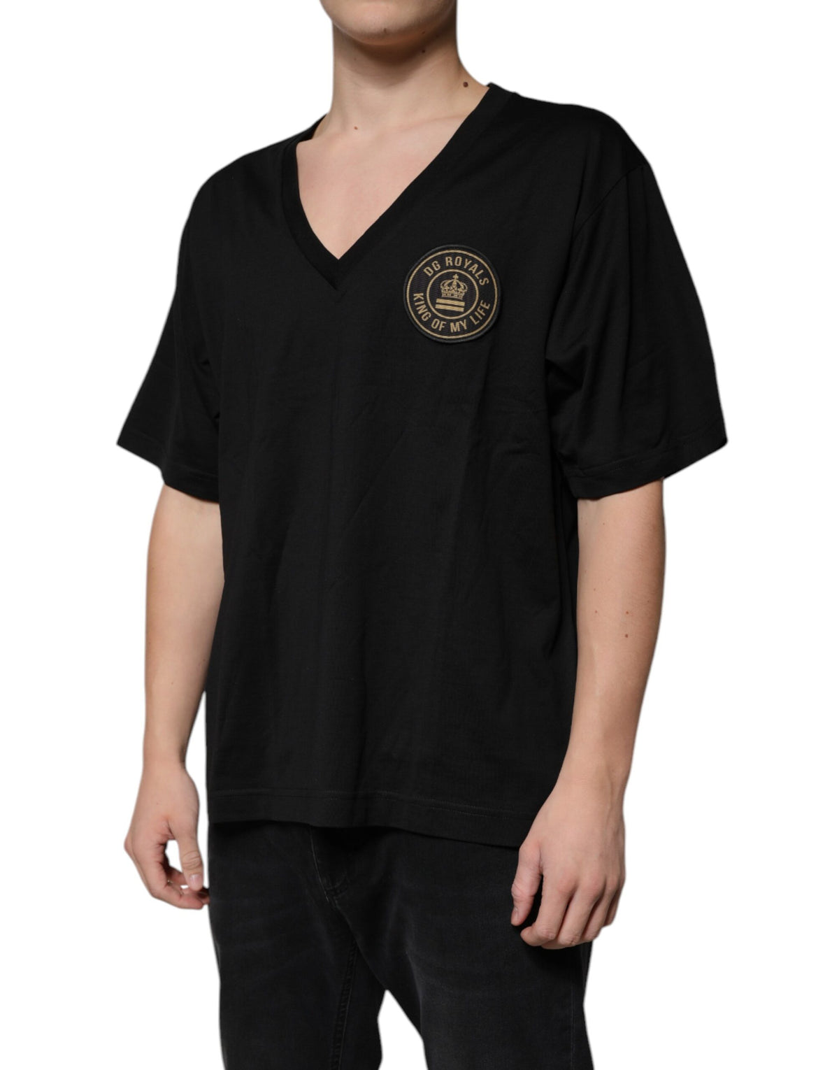 T-shirt à manches courtes en coton noir avec logo et col en V de Dolce &amp; Gabbana