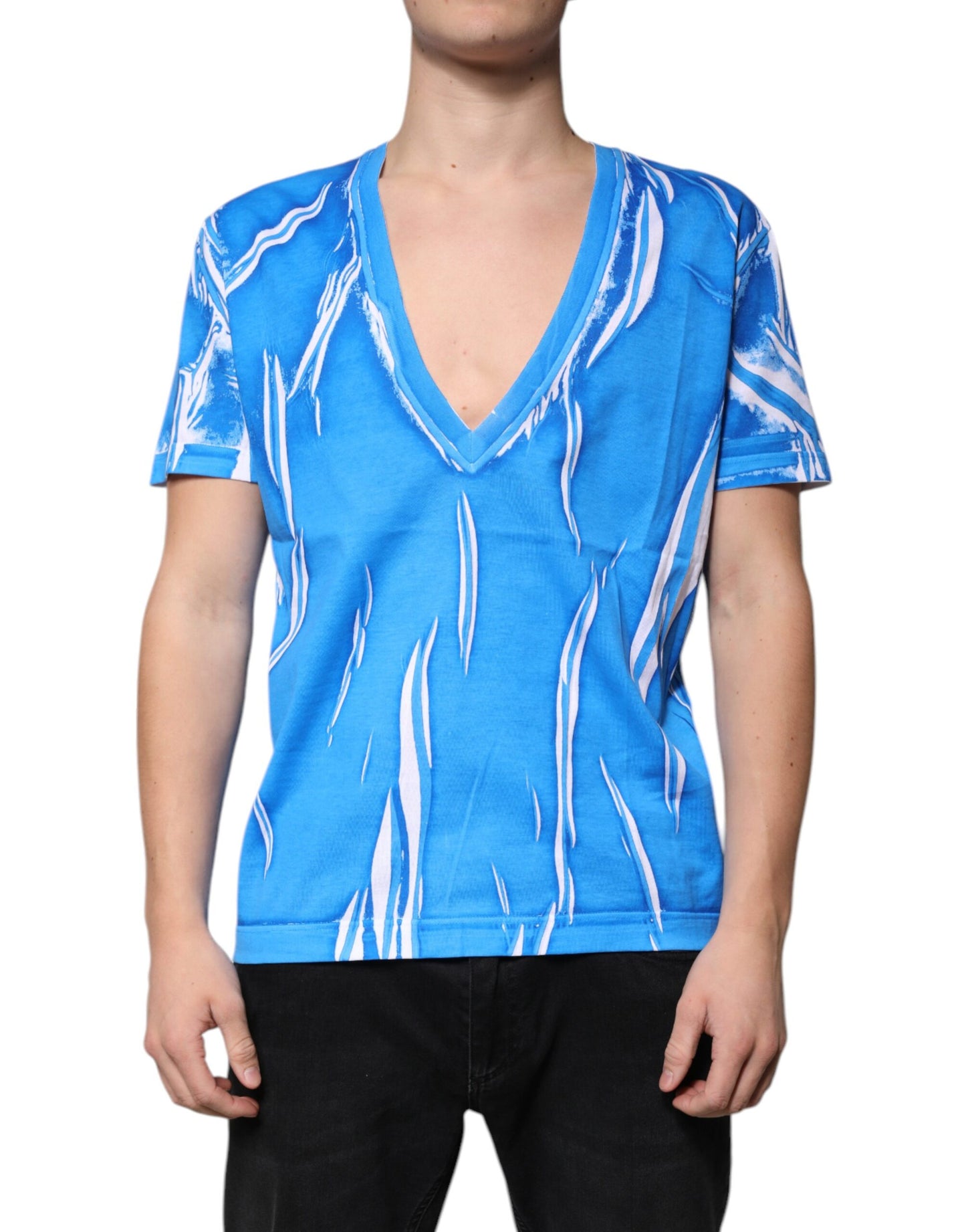 Dolce & Gabbana blauw katoenen T-shirt met V-hals en korte mouwen