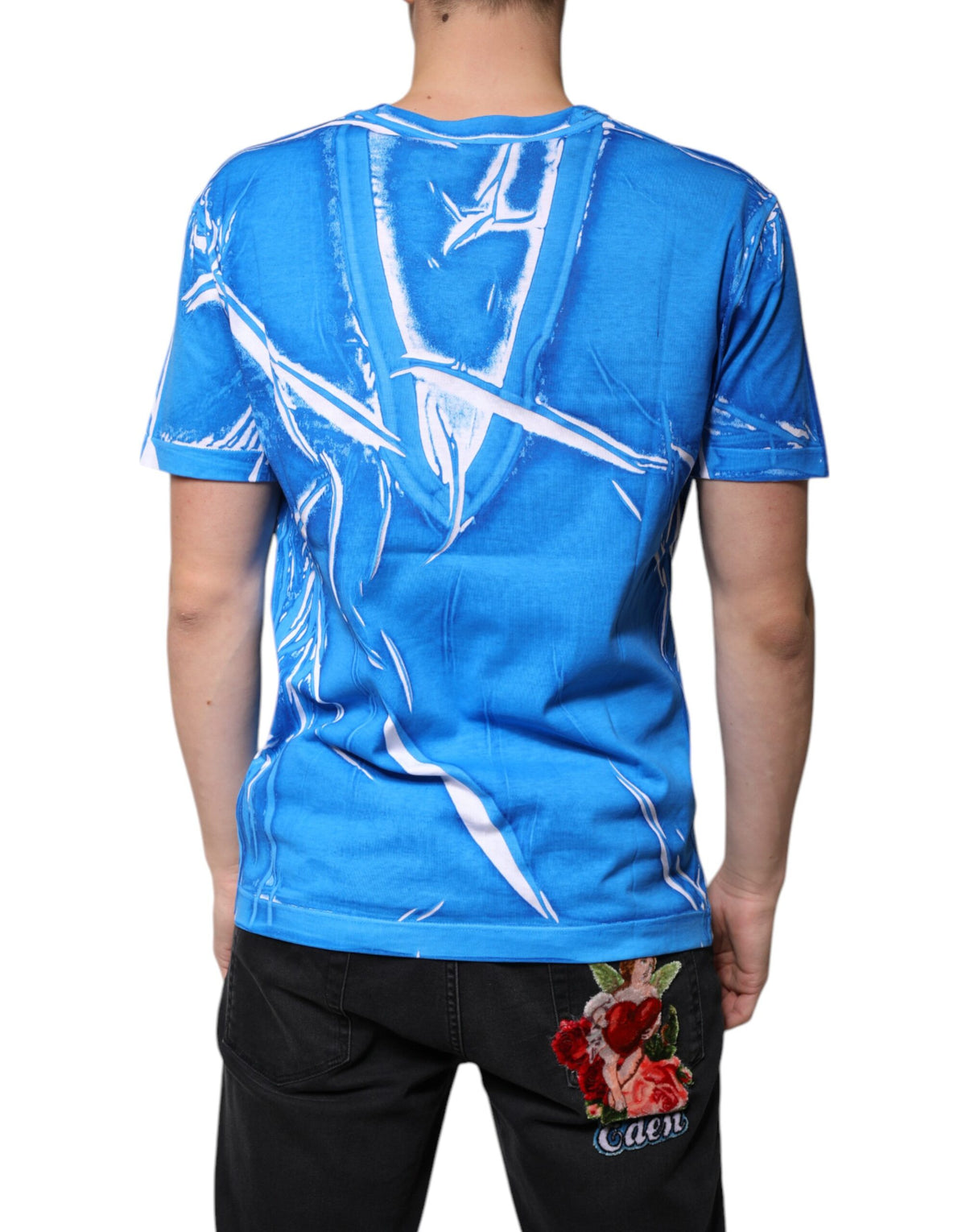 T-shirt à manches courtes en coton bleu à col en V de Dolce &amp; Gabbana