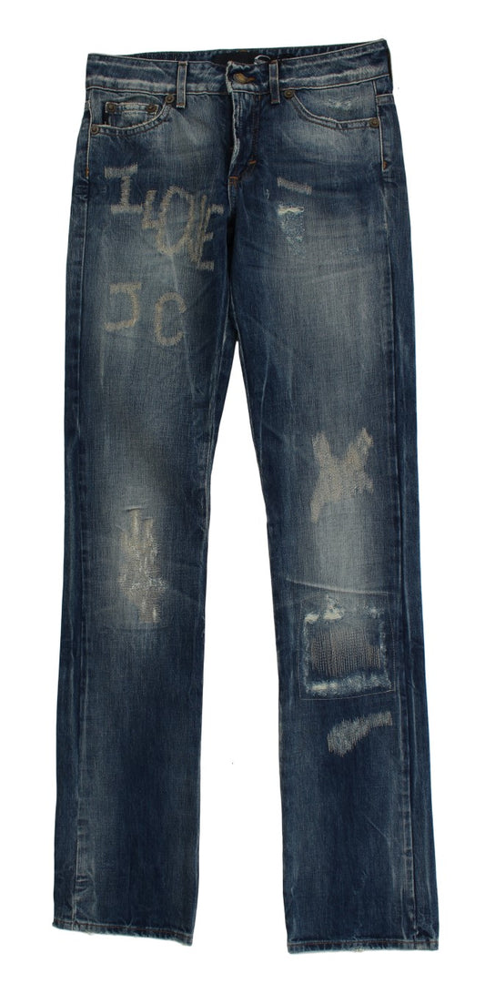 Jeans droits en coton délavé bleu avec déchirures de Cavalli