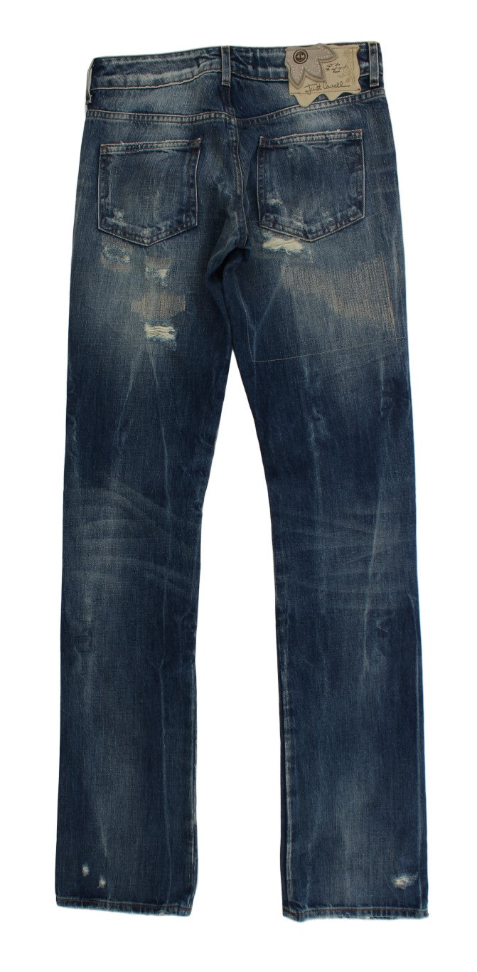 Jeans droits en coton délavé bleu avec déchirures de Cavalli