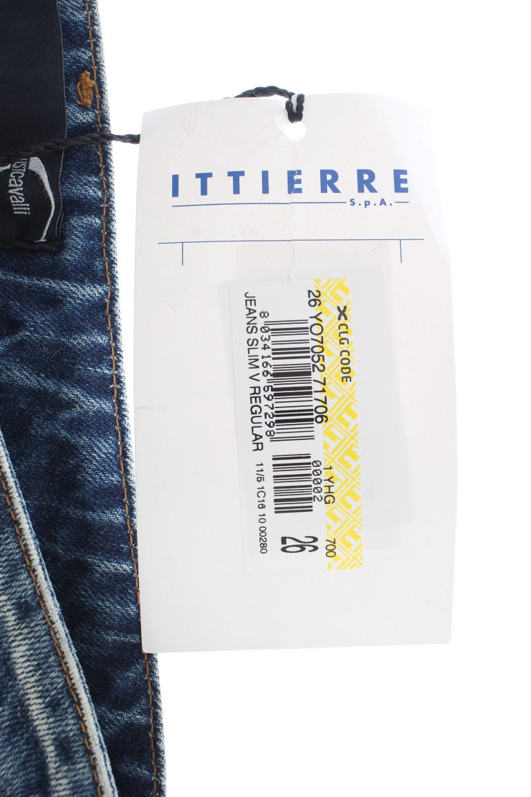 Jeans droits en coton délavé bleu avec déchirures de Cavalli