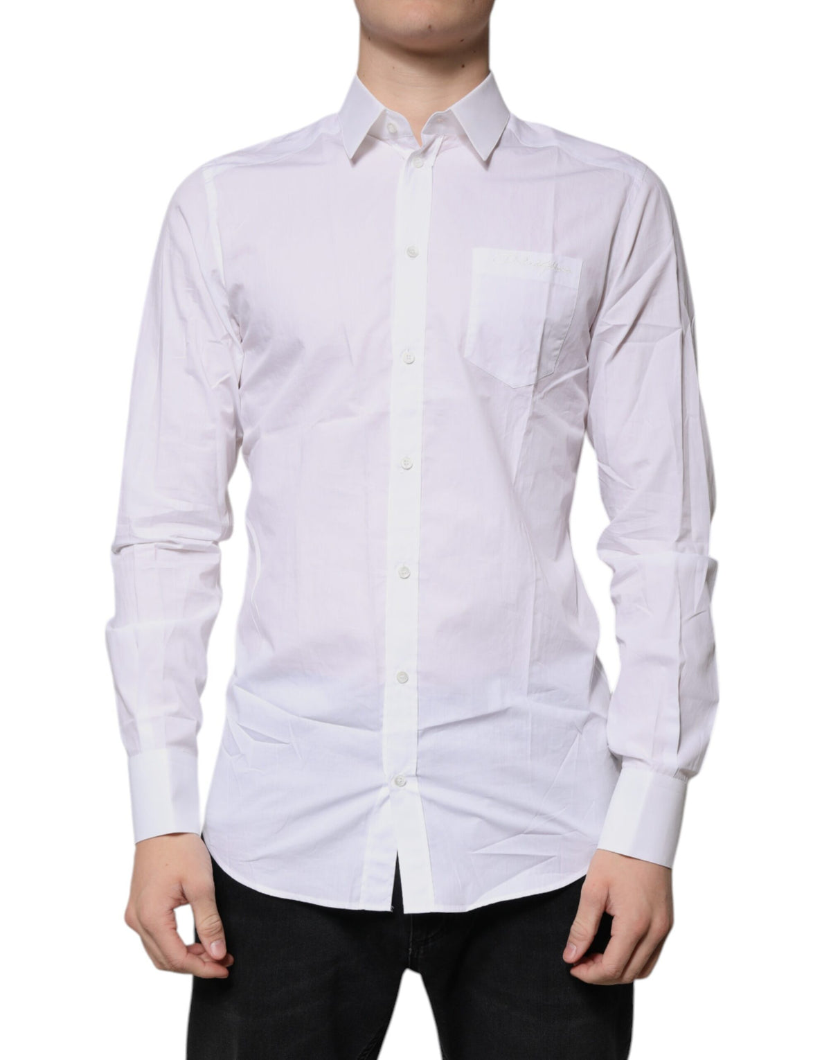 Chemise de cérémonie à manches longues en coton blanc, dorée, Dolce &amp; Gabbana.
