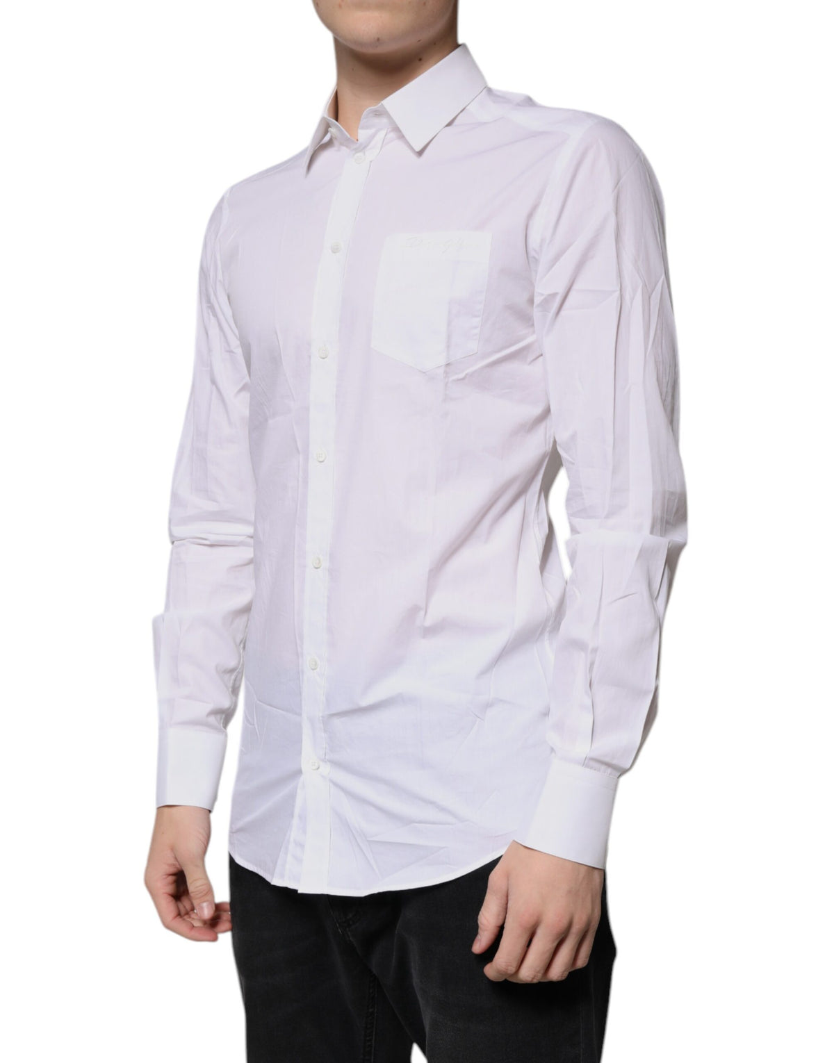 Chemise de cérémonie à manches longues en coton blanc, dorée, Dolce &amp; Gabbana.