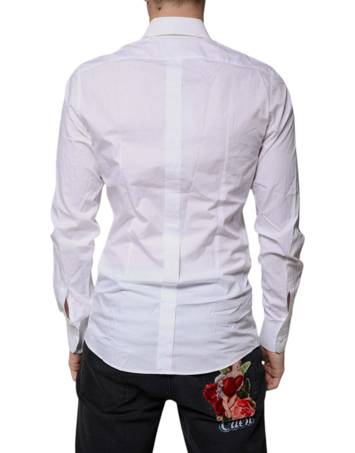 Chemise de cérémonie à manches longues en coton blanc, dorée, Dolce &amp; Gabbana.