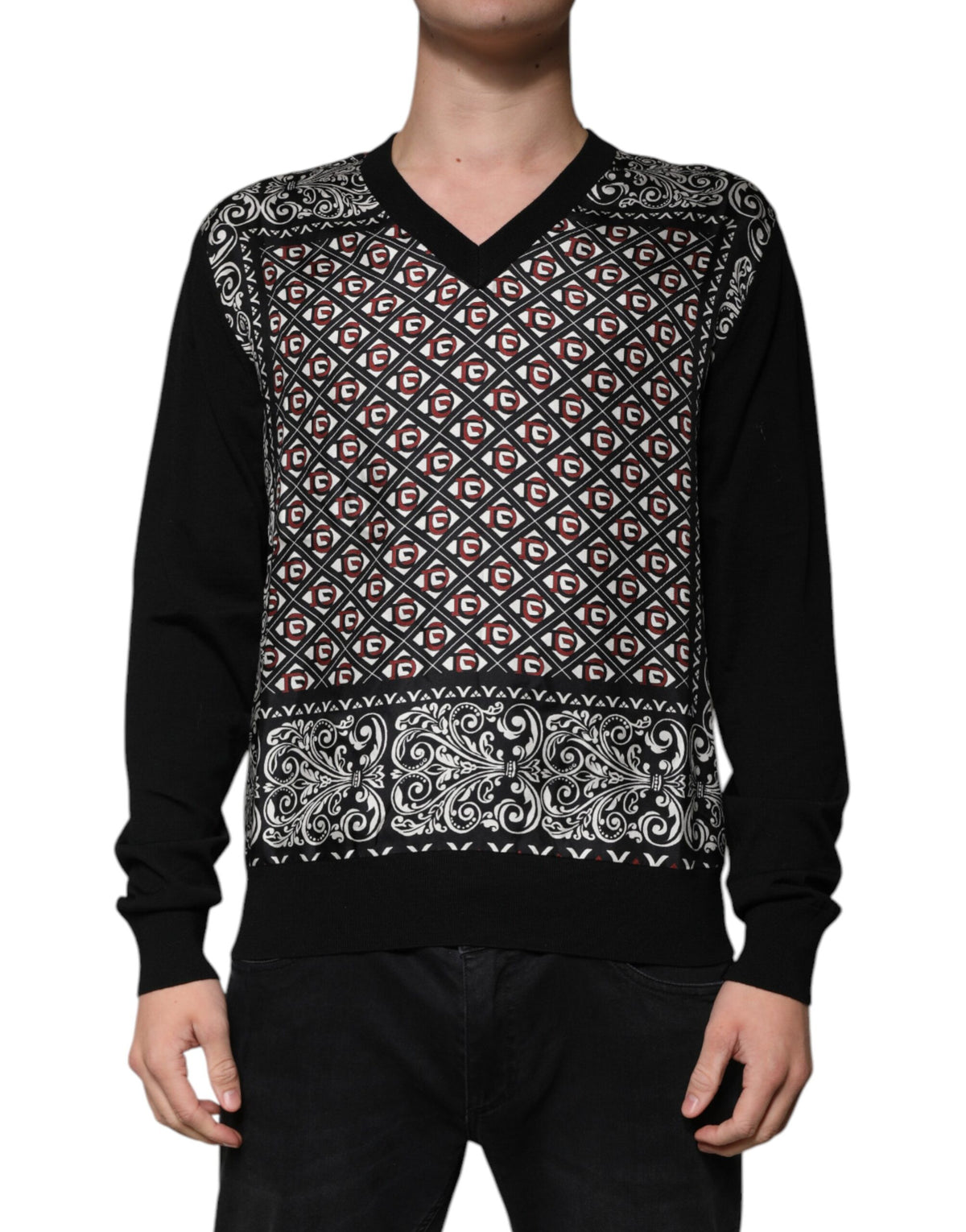 Pull en laine à col en V noir avec logo Dolce &amp; Gabbana