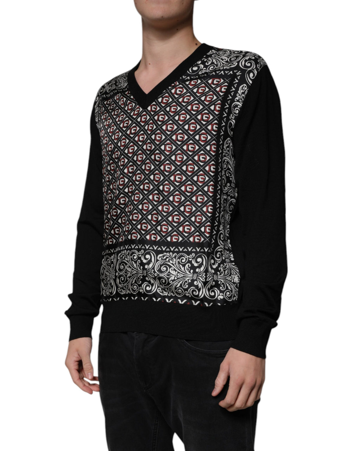 Pull en laine à col en V noir avec logo Dolce &amp; Gabbana