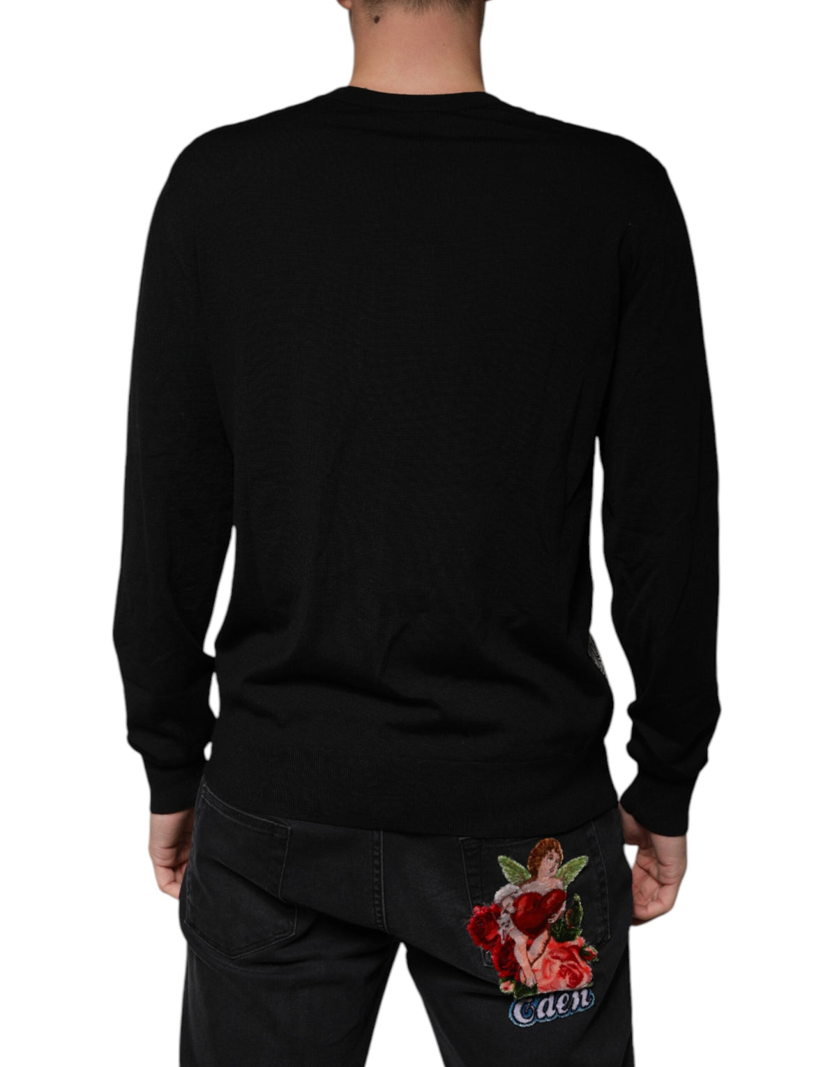 Pull en laine à col en V noir avec logo Dolce &amp; Gabbana