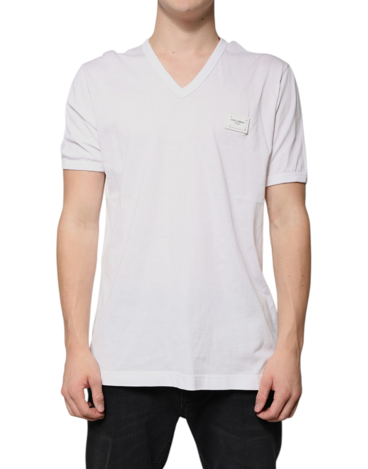 T-shirt à manches courtes à col en V blanc avec logo Dolce &amp; Gabbana