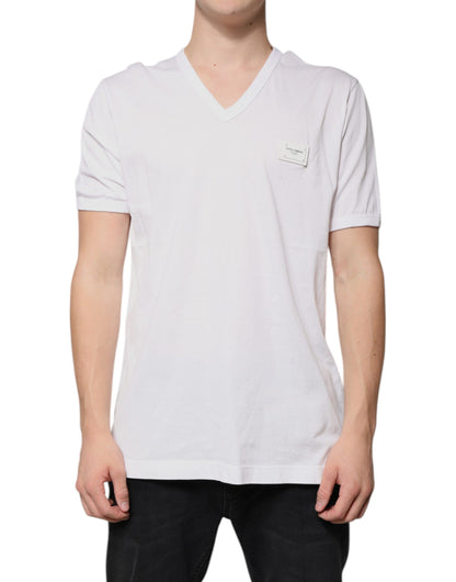 T-shirt à manches courtes à col en V blanc avec logo Dolce &amp; Gabbana