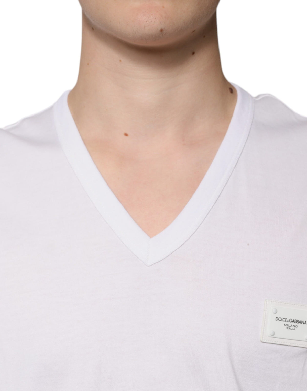 T-shirt à manches courtes à col en V blanc avec logo Dolce &amp; Gabbana