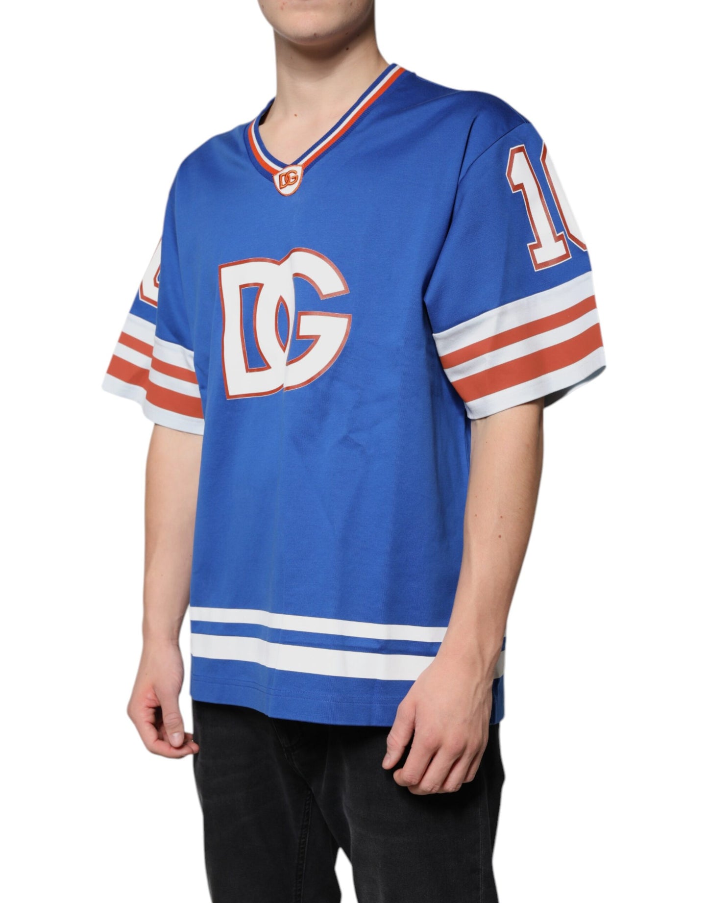 Dolce & Gabbana blauw T-shirt met V-hals en korte mouwen met logo