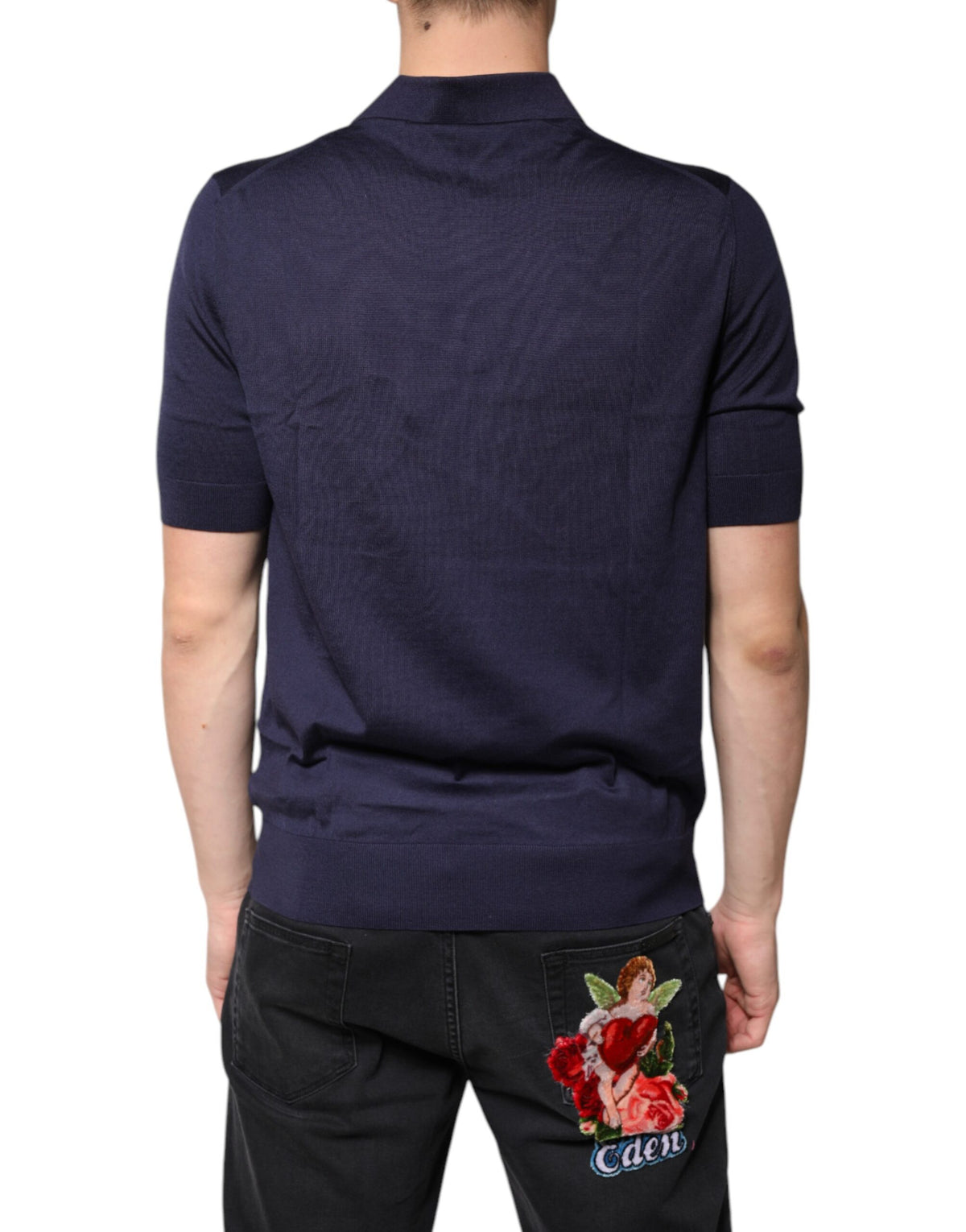 Polo en soie bleu à col et manches courtes de Dolce &amp; Gabbana