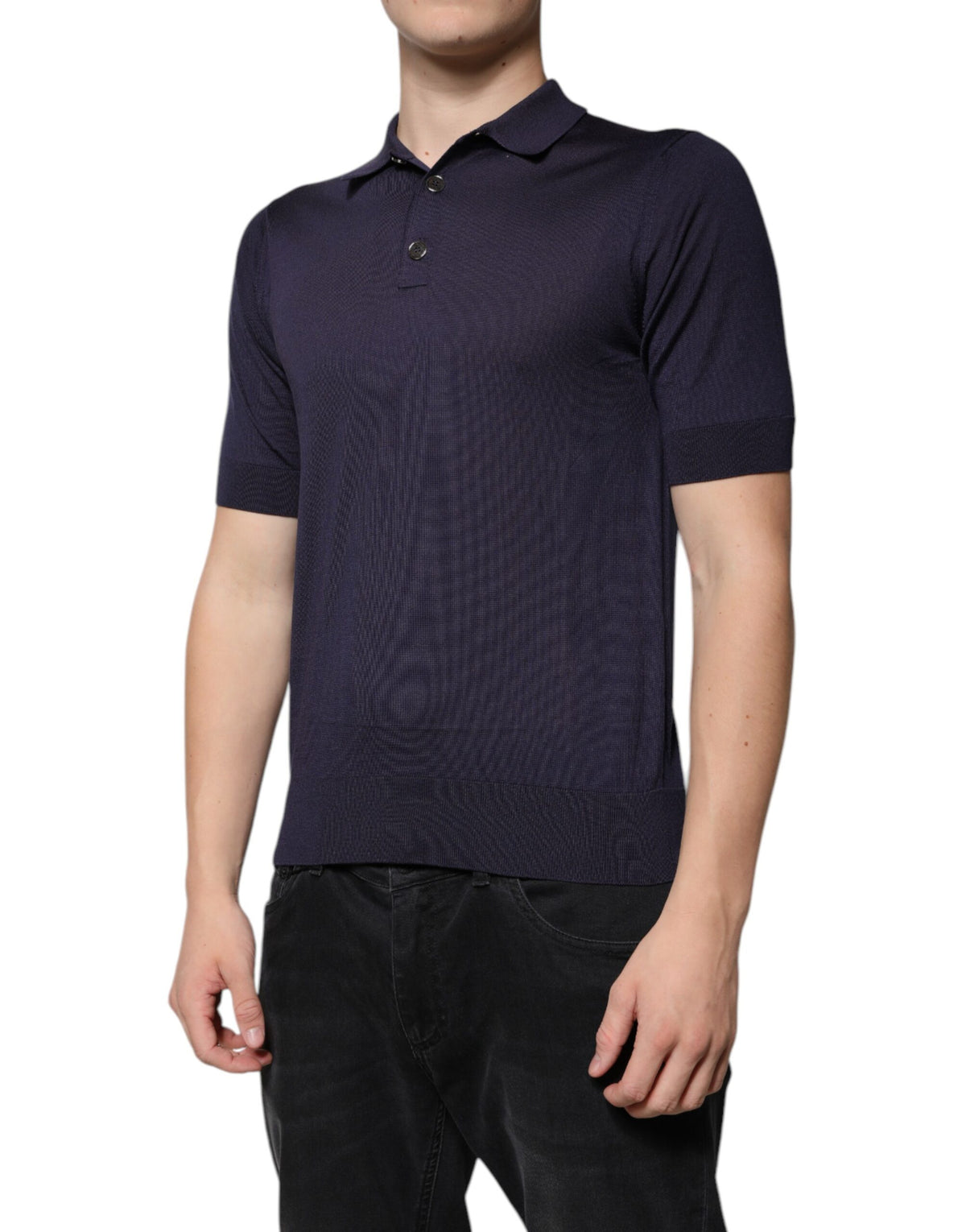 Polo en soie bleu à col et manches courtes de Dolce &amp; Gabbana