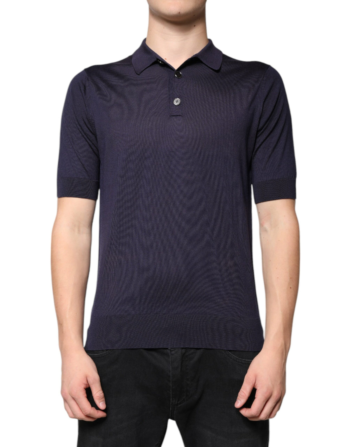 Polo en soie bleu à col et manches courtes de Dolce &amp; Gabbana