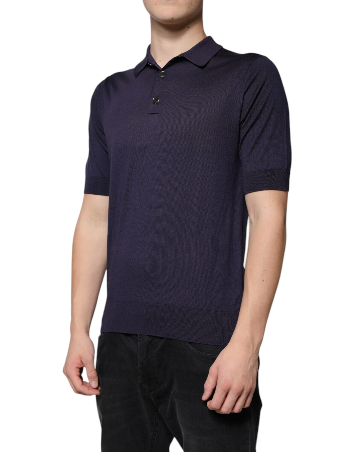 Polo en soie bleu à col et manches courtes de Dolce &amp; Gabbana