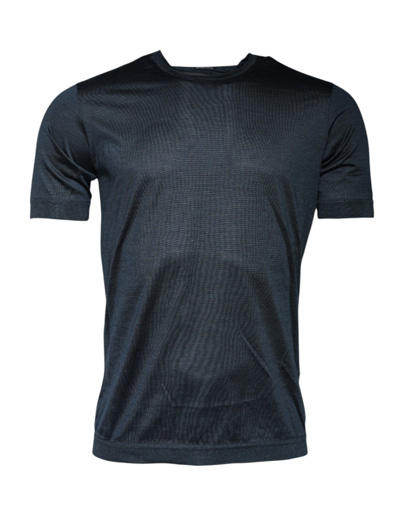 Dolce &amp; Gabbana T-shirt van donkerblauwe zijde met ronde hals en korte mouwen