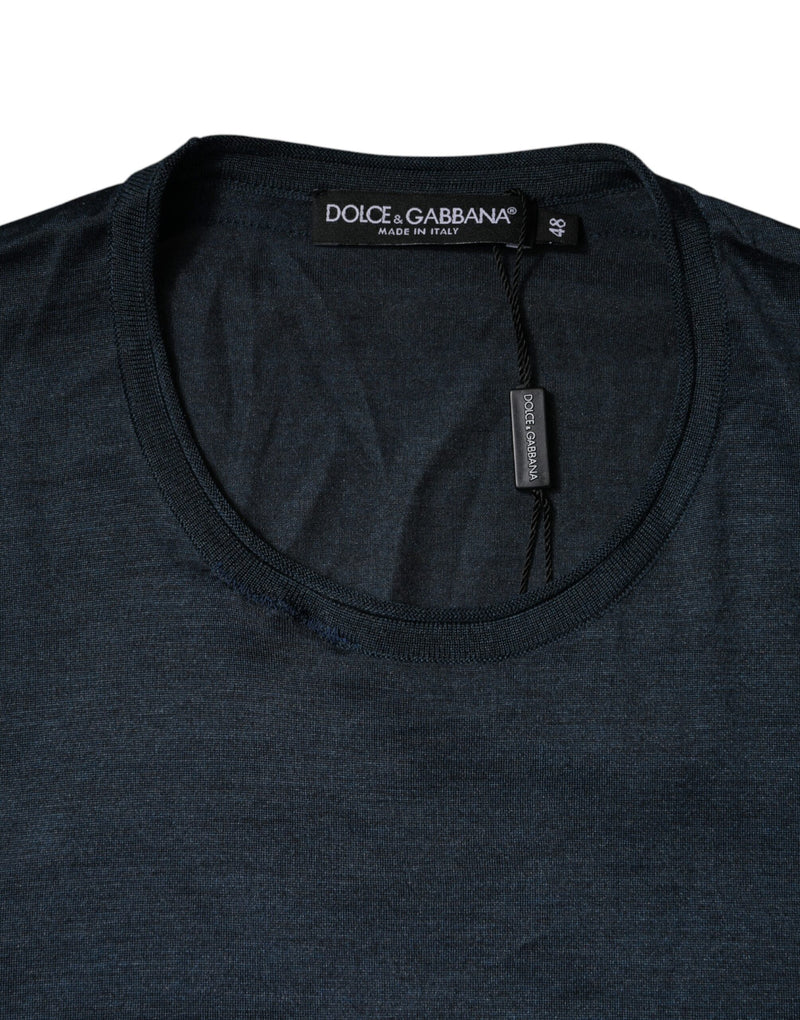 Dolce &amp; Gabbana T-shirt van donkerblauwe zijde met ronde hals en korte mouwen
