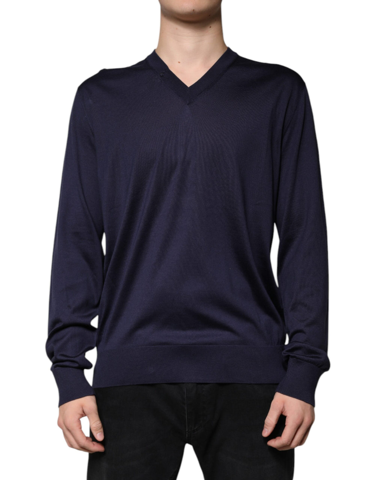 Pull en soie bleu marine à col en V de Dolce &amp; Gabbana