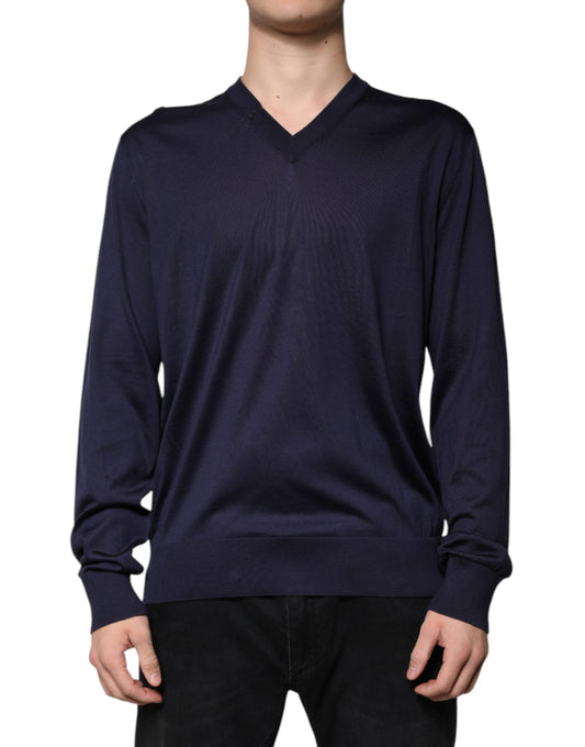Dolce &amp; Gabbana marineblauwe zijden V-hals trui