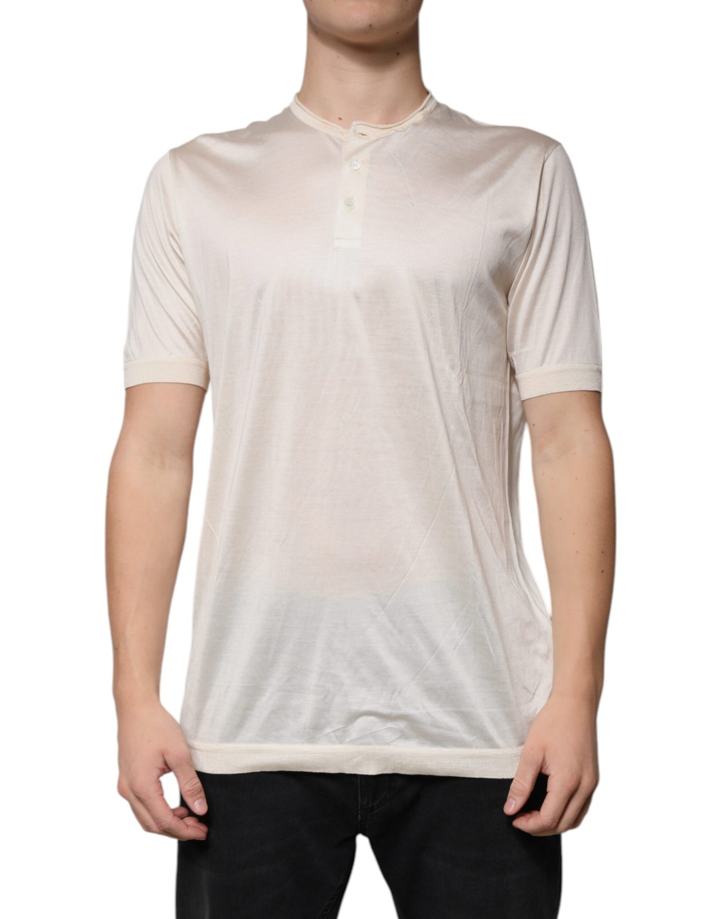 Dolce &amp; Gabbana Off White Zijden Crew Neck Henley T-shirt