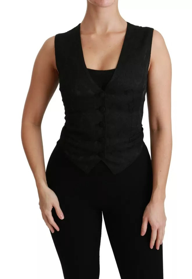 Dolce & Gabbana Black Lace Waistcoat Slim Vest