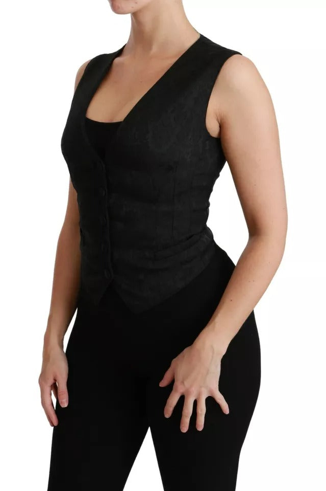 Dolce & Gabbana Black Lace Waistcoat Slim Vest