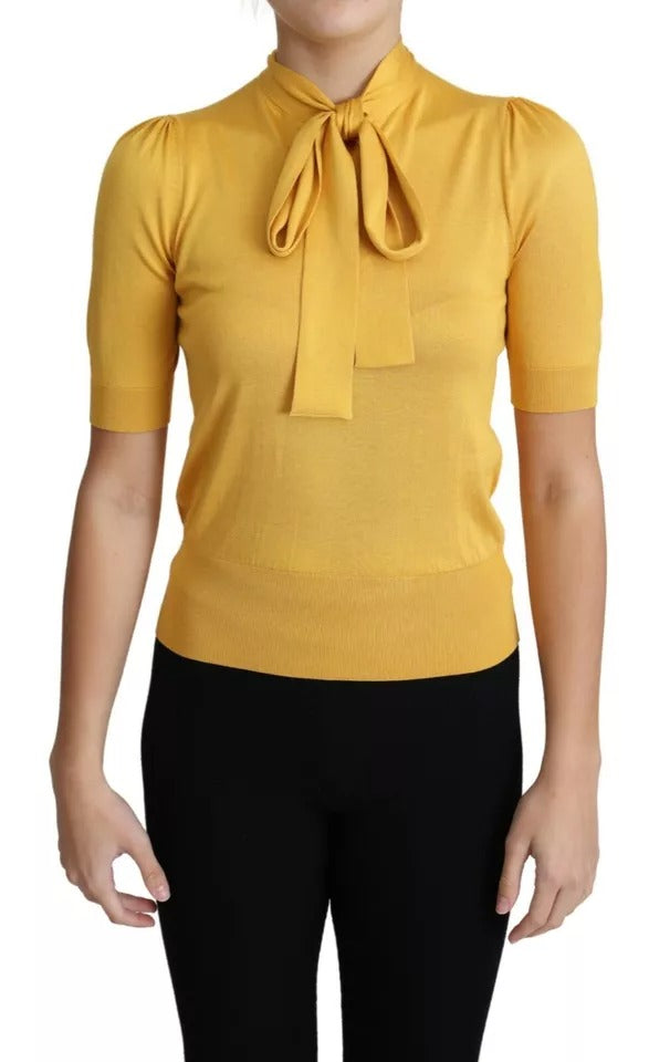 Dolce & Gabbana Yellow Silk Knit Pullover with Ascot Collar