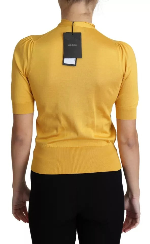 Dolce & Gabbana Yellow Silk Knit Pullover with Ascot Collar