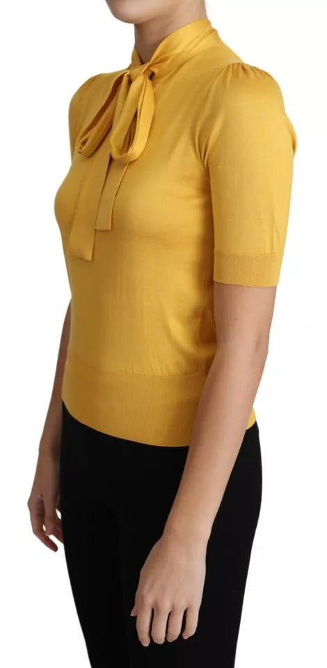 Dolce & Gabbana Yellow Silk Knit Pullover with Ascot Collar