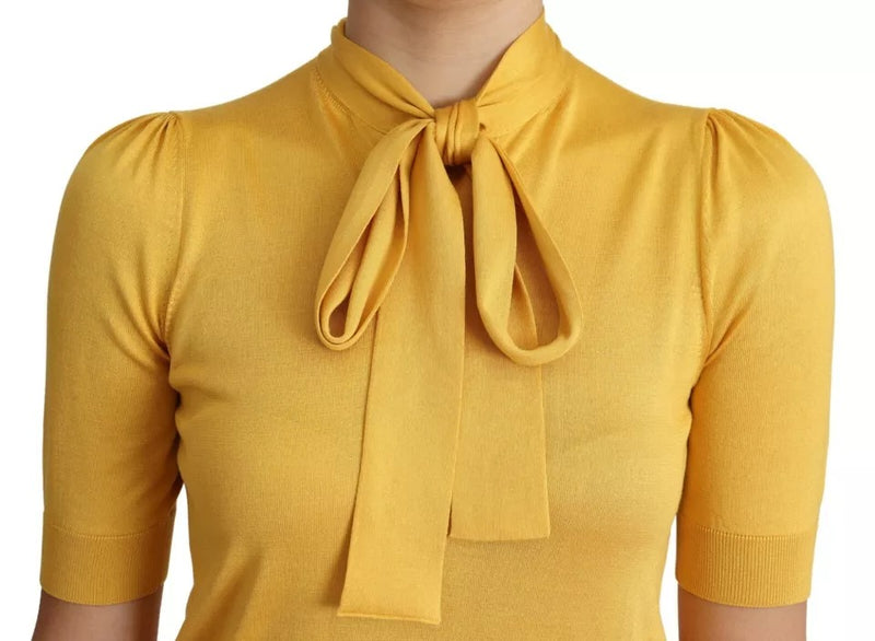 Dolce & Gabbana Yellow Silk Knit Pullover with Ascot Collar