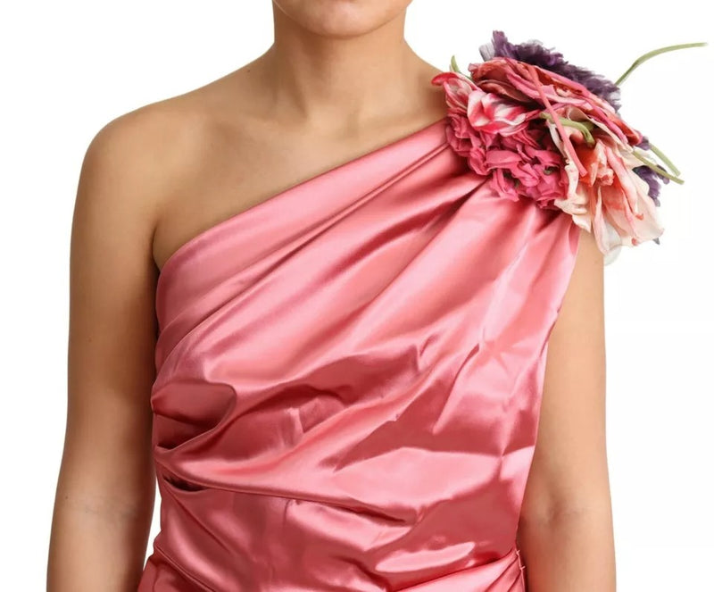 Robe Midi Drapée Rose avec Appliqué Floral Dolce & Gabbana