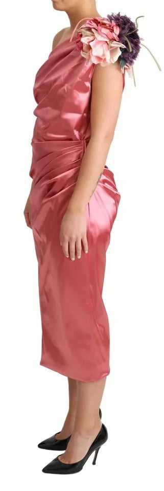 Robe Midi Drapée Rose avec Appliqué Floral Dolce & Gabbana