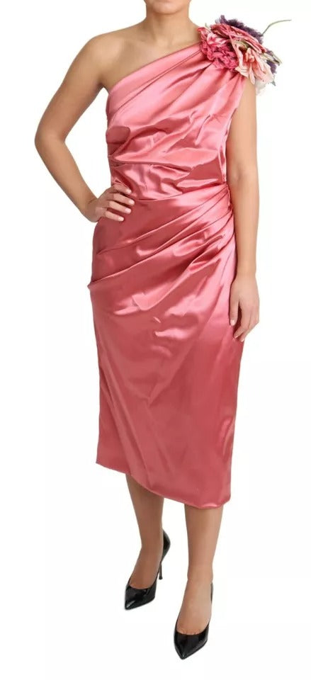 Robe Midi Drapée Rose avec Appliqué Floral Dolce & Gabbana