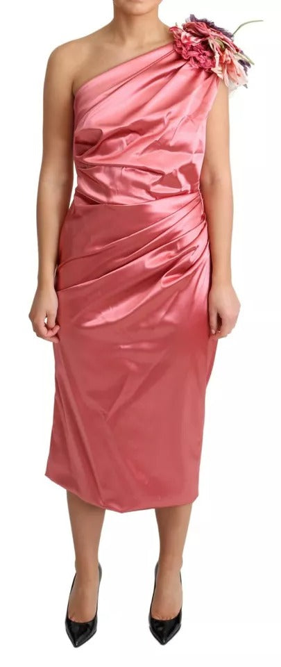 Robe Midi Drapée Rose avec Appliqué Floral Dolce & Gabbana